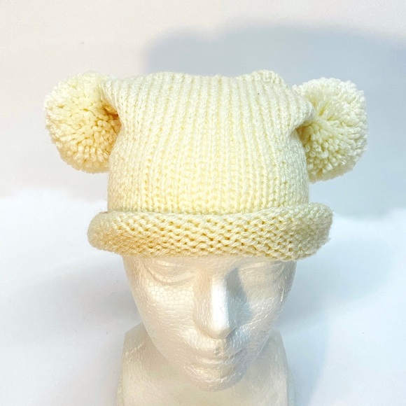 NWT Hand Knit Childs Double Pom Pom Beanie Hat with Rolled Brim Size 3-8 Years - Picture 2 of 9